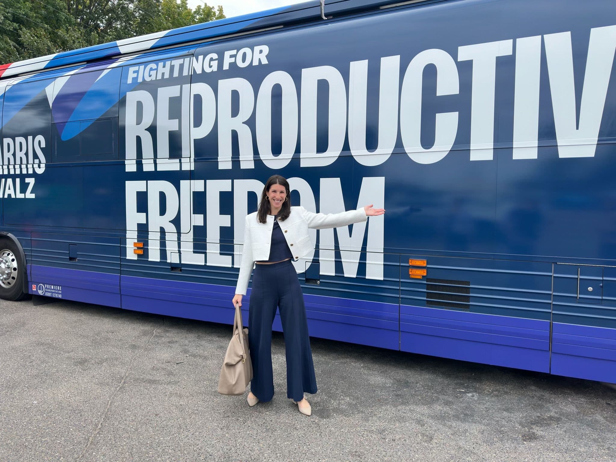 Abby Klausner Blum and the Harris reproductive rights campaign bus.