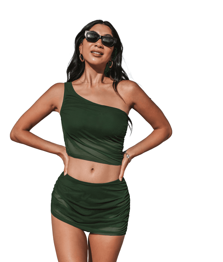 Eucalyptus Asymmetrical Ruched Bikini Top & Skirt Bottoms Set - Media 1