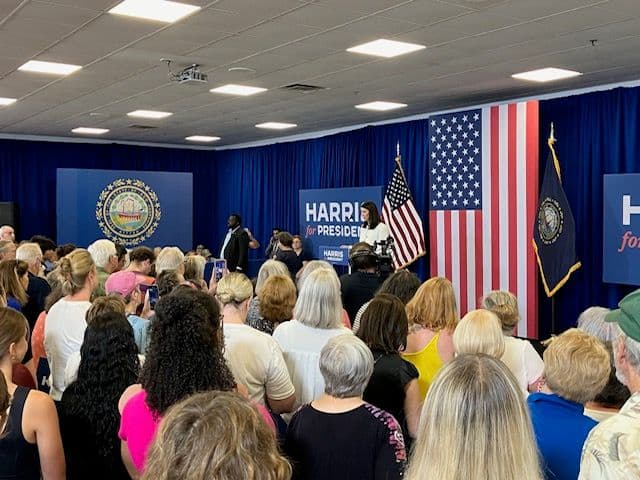 Abby speaking for the first time in New Hampshire for the Harris Campaign with the Second Gentleman in July 2024.