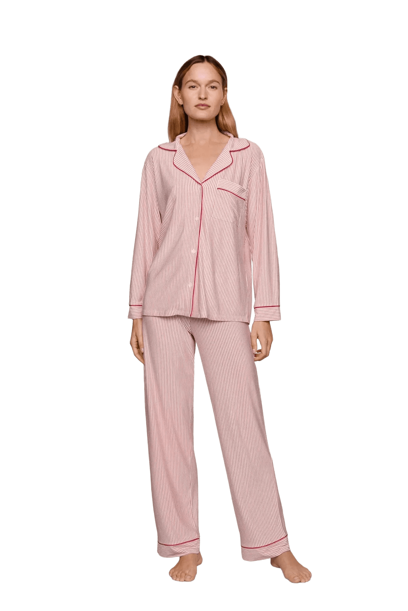 Gisele Printed Long PJ Set in Holly Red Stripe