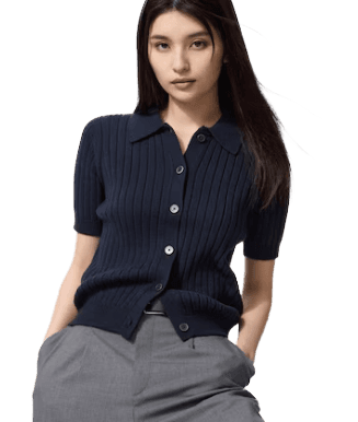Ribbed Polo Cardigan | Short Sleeve